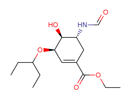 Molecular Structure of 332047-22-0 (1-Cyclohexene-1-carboxylic acid,
3-(1-ethylpropoxy)-5-(formylamino)-4-hydroxy-, ethyl ester, (3R,4S,5R)-)