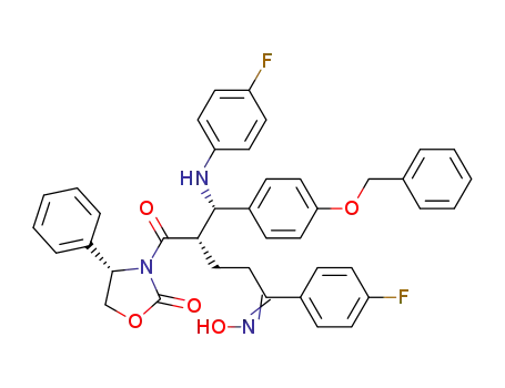 Molecular Structure of 1380431-22-0 ((S)-3-((S)-2-((S)-(4-(benzyloxy)phenyl)(4-fluorophenylamino)methyl)-5-(4-fluorophenyl)-5-(hydroxyimino)pentanoyl)-4-phenyloxazolidin-2-one)