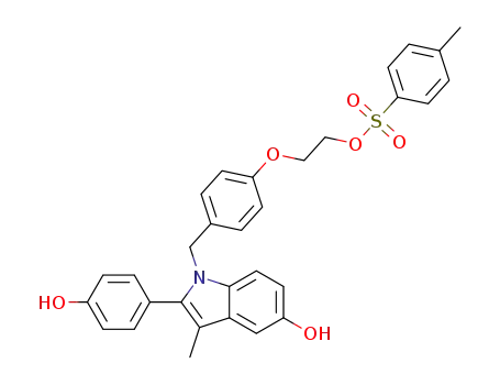 Molecular Structure of 1343413-19-3 (2-(4-((5-hydroxy-2-(4-hydroxyphenyl)-3-methyl-1H-indol-1-yl)methyl)phenoxy)ethyl 4-methylbenzenesulfonate)