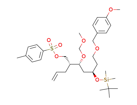 Molecular Structure of 398478-24-5 (p-toluenesulfonic acid (2R,3R,5R)-5-(tert-butyldimethylsilyloxy)-7-(4-methoxybenzyloxy)-3-methoxymethoxy-2-(prop-2-enyl)heptyl ester)