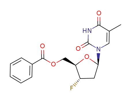 Molecular Structure of 152711-06-3 (Benzoic acid (2R,3S,5R)-3-fluoro-5-(5-methyl-2,4-dioxo-3,4-dihydro-2H-pyrimidin-1-yl)-tetrahydro-furan-2-ylmethyl ester)