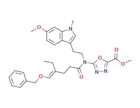 Molecular Structure of 867214-41-3 (5-{{4-[1-Benzyloxy-meth-(E)-ylidene]-hexanoyl}-[2-(6-methoxy-1-methyl-1H-indol-3-yl)-ethyl]-amino}-[1,3,4]oxadiazole-2-carboxylic acid methyl ester)
