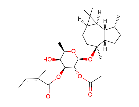 Molecular Structure of 104472-69-7 (b-D-Galactopyranoside,(1aR,4S,4aS,7R,7aS,7bS)-decahydro-1,1,4,7-tetramethyl-1H-cycloprop[e]azulen-4-yl6-deoxy-, 2-acetate 3-[(2Z)-2-methyl-2-butenoate] (9CI))