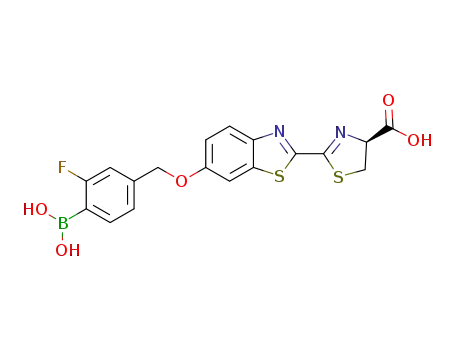 Molecular Structure of 1622311-98-1 ((S)-2-( 6-(4-borono-3-fluorobenzyloxy)benzo[d]thiazol-2-yl)-4,5-dihydrothiazole-4-carboxylic acid)