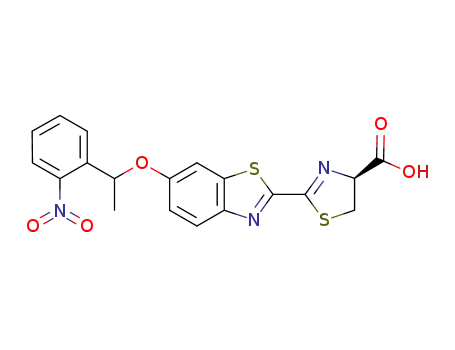 Molecular Structure of 1186015-43-9 ((S)-2-(6'-(1-(2-nitrophenyl)ethoxy)-2'-benzothiazolyl)-Δ2-thiazoline-4-carboxylic acid)