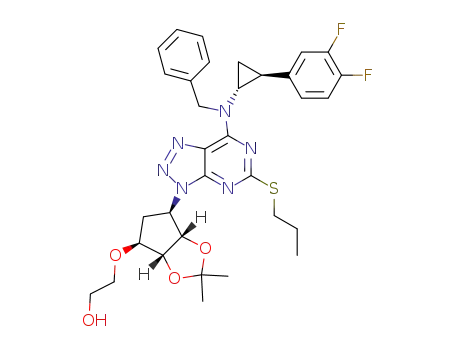 Molecular Structure of 1383715-62-5 (2-({(3aR,4S,6R,6aS)-6-[7-{[[N-(IR,2S)-2-(3,4-difluorophenyl)-cyclopropan-1-yl]-N-benzyl]amino}-5-(propylthio)-3H-[1,2,3]triazolo[4,5-d]pyrimidin-3-yl]-2,2-dimethyl-tetrahydro-3aH-cyclopenta[d][1,3]dioxol-4-yl}oxy)ethanol)