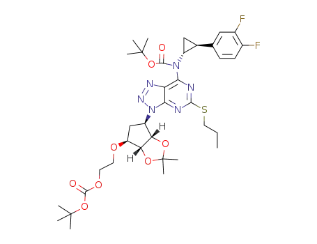Molecular Structure of 1383715-64-7 (2-({(3aR,45,6R,6aS)-6-[7-{[[N-(1R,2S)-2-(3,4-difluorophenyl)-cyclopropan-1-yl]-N-tert-butoxycarbonyl]amino}-5-(propylthio)-3H-[1,2,3]triazolo[4,5-d]pyrimidin-3-yl]-2,2-dimethyl-tetrahydro-3aH-cyclopenta[d][1,3]dioxol-4-yl}oxy)-O-tertbutoxycarbonylethanol)