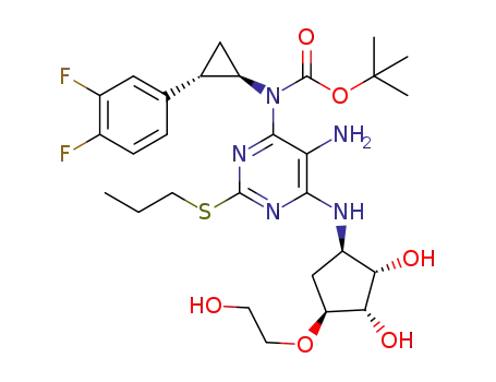 tert-butyl (5-nitro-6-(((1R,2S,3S,4S)-2,3-dihydroxy-4-(2-hydroxyethoxy)cyclopentyl)amino)-2-(propylthio)pyrimidin-4-yl)((1R,2S)-2-(3,4-difluorophenyl)cyclopropyl)carbamate