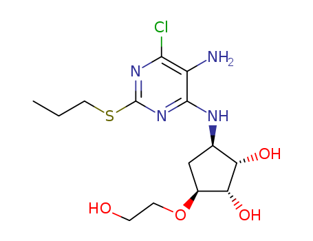 (1S<sub> </sub>2S,3R,5S)-3-[(5-amino-6-chloro-2-(propylthio)pyrimidin-4-yl)amino]-5-(2-hydroxyethoxy)cyclopentane-1,2-diol