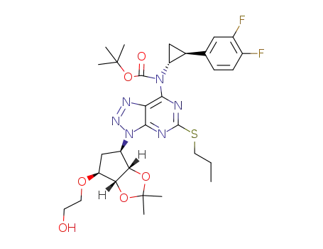 Molecular Structure of 1383715-61-4 (tert-butyl N-[3-[(3aS,4R,6S,6aR)-6-(2-hydroxyethoxy)-2,2-dimethyl-hexahydrocyclopenta[d][1,3]dioxol-4-yl]-5-(propylsulfanyl)-3H-[1,2,3]triazolo[4,5-d]pyrimidin-7-yl]-N-[(1R,2S)-2-(3,4-difluorophenyl)cyclopropyl]carbamate)