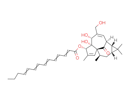 Molecular Structure of 42483-56-7 (5,5a-dihydroxy-4-(hydroxymethyl)-1,1,7,9-tetramethyl-11-oxo-1a,2,5,5a,6,9,10,10a-octahydro-1H-2,8a-methanocyclopenta[a]cyclopropa[e][10]annulen-6-yl (2E,4E,6E,8E,10E)-tetradeca-2,4,6,8,10-pentaenoate)