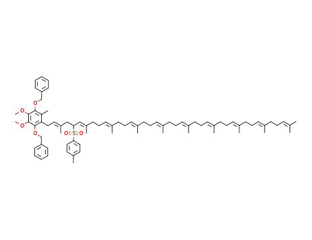 Molecular Structure of 70854-63-6 (1,4-bis(benzyloxy)-2-{(2E,6E,10E,14E,18E,22E,26E,30E,34E)-3,7,11,15,19,23,27,31,35,39-decamethyl-5-[(4-methylphenyl)sulfonyl]tetraconta-2,6,10,14,18,22,26,30,34,38-decaenyl}-5,6-dimethoxy-3-methylbenzene)
