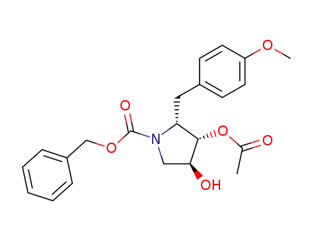Molecular Structure of 27958-08-3 ((2R,3S,4S)-3-acetoxy-N-(benzyloxycarbonyl)-4-hydroxy-2-(4-methoxybenzyl)pyrrolidine)