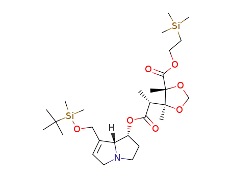 Molecular Structure of 109432-25-9 ((4R,5S)-5-{(R)-1-[(1R,7aR)-7-(tert-Butyl-dimethyl-silanyloxymethyl)-2,3,5,7a-tetrahydro-1H-pyrrolizin-1-yloxycarbonyl]-ethyl}-4,5-dimethyl-[1,3]dioxolane-4-carboxylic acid 2-trimethylsilanyl-ethyl ester)