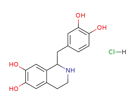 Molecular Structure of 3184-36-9 (1-[(3,4-dihydroxyphenyl)methyl]-1,2,3,4-tetrahydroisoquinoline-6,7-diol hydrochloride)