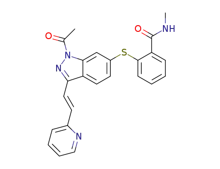 Molecular Structure of 1639137-80-6 (N-methyl-2-((1-acetyl-3-((1E)-2-(2-pyridinyl)ethenyl)-1H-indazol-6-yl)thio)benzamide)