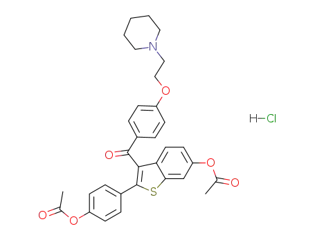 Molecular Structure of 84449-82-1 (6-acetoxy-2-(4-acetoxyphenyl)-3-[4-(2-piperidinoethoxy)benzoyl]benzo[b]thiophene, hydrochloride)