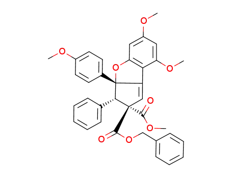 Molecular Structure of 132463-97-9 ((2R,3S,3aR)-6,8-Dimethoxy-3a-(4-methoxy-phenyl)-3-phenyl-3,3a-dihydro-benzo[b]cyclopenta[d]furan-2,2-dicarboxylic acid benzyl ester methyl ester)