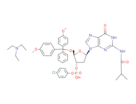 Molecular Structure of 84379-96-4 (3-Guanylic acid, 5-O-(bis(4-methoxyphenyl)phenylmethyl)-2-deoxy-N-(2-methyl-1-oxopropyl)-, mono(4-chlorophenyl) ester, compd. with N,N-diethylethanamine (1:1))