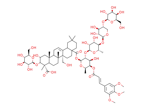 Molecular Structure of 82410-35-3 (Olean-12-ene-23,28-dioic acid,3-(&acirc;-D-glucopyranosyloxy)-2,27- dihydroxy-,28-[O-&acirc;-D-galactopyranosyl- (1f4)-O-&acirc;-D-xylopyranosyl-(1f4)-O-6- deoxy-R-L-mannopyranosyl-(1f2)-6-deoxy- 4-O-[1-oxo-3-(3,4,5-trimethoxyphenyl)-2- propenyl]-&acirc;-D-galactopyranosyl] ester,(2&acirc;,3&acirc;,4R)- )