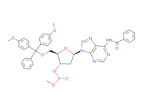 Molecular Structure of 78635-96-8 (Adenosine,
N-benzoyl-5'-O-[bis(4-methoxyphenyl)phenylmethyl]-2'-deoxy-,
3'-(methyl phosphorochloridite))