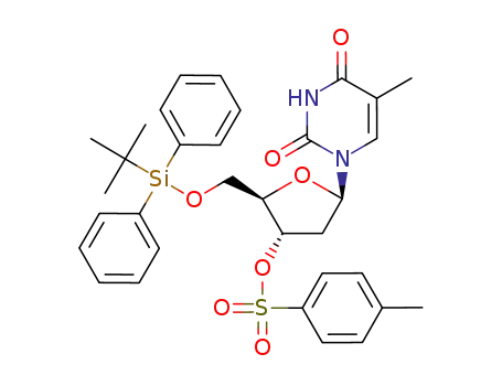 Molecular Structure of 152039-45-7 (1-(5-O-tert-butyldiphenylsilyl-2-deoxy-3-O-p-toluenesulfonyl-β-D-erythro-pentofuranosyl)thymine)