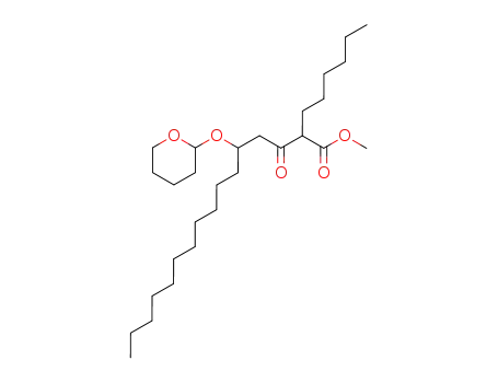 Molecular Structure of 104801-67-4 (2-Hexyl-3-oxo-5-[(tetrahydro-2H-pyran-2-yl)oxy]-hexadecanoic Acid Methyl Ester)