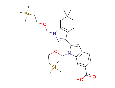 Molecular Structure of 1309788-61-1 (2-{6,6-dimethyl-1-[2-(trimethylsilyl)ethoxymethyl]-4,5,6,7-tetrahydro-1H-indazol-3-yl}-1-[2-(trimethylsilyl)ethoxymethyl]-1H-indole-6-carboxylic acid)