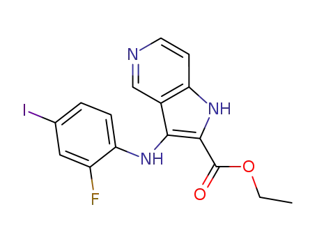 Molecular Structure of 1030382-40-1 (3-(2-fluoro-4-iodo-phenylamino)-1H-pyrrolo[3,2-c]pyridine-2-carboxylic acid ethyl ester)