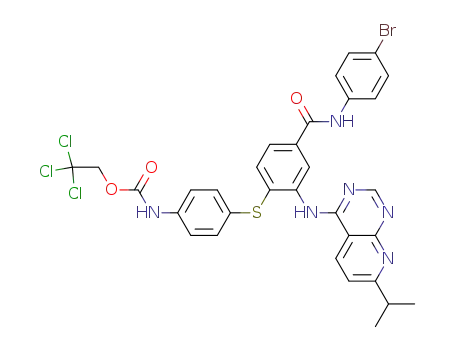 Molecular Structure of 943772-98-3 ({4-[4-(4-bromo-phenylcarbamoyl)-2-(7-isopropyl-pyrido[2,3-d]pyrimidin-4-ylamino)-phenylsulfanyl]-phenyl}-carbamic acid 2,2,2-trichloro-ethyl ester)