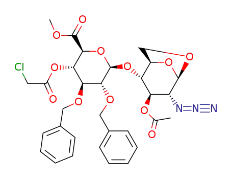 Molecular Structure of 87907-02-6 ((2S,3S,4S,5R,6R)-Methyl 6-((1R,2S,3R,4R,5R)-3-acetoxy-4-azido-6,8-dioxabicyclo[3,2,1]octan-2-yloxy)-4,5-bis(benzyloxy)-3-(chlorocarbonyloxy)tetrahydro-2H-pyran-2-carboxylate)