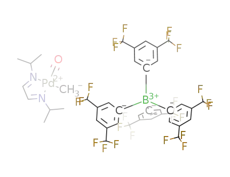 Molecular Structure of 208589-78-0 ([Pd(CH<sub>3</sub>)(carbonyl)(1,4-diisopropyl-1,4-diaza-1,3-butadiene)]<sup>(1+)</sup>[B(3,5-(CF<sub>3</sub>)2C<sub>6</sub>H<sub>3</sub>)4]<sup>(1-)</sup>)
