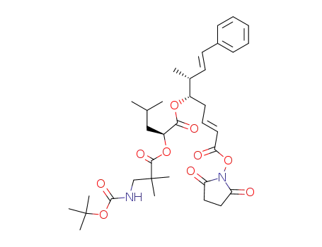 Molecular Structure of 188346-51-2 ((1S,3E)-5-<(2,5-dioxo-1-pyrrolidinyl)oxy>-1-<(1R,2E)-1-methyl-3-phenyl-2-propenyl>-5-oxo-3-pentenyl-(2S)-<3-<<(1,1-dimethylethoxy)carbonyl>amino>-2,2-dimethyl-1-oxopropoxy>-4-methylpentanoate)