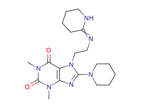 Molecular Structure of 109054-68-4 (1,3-Dimethyl-8-piperidin-1-yl-7-{2-[piperidin-(2Z)-ylideneamino]-ethyl}-3,7-dihydro-purine-2,6-dione)