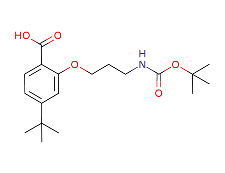 Molecular Structure of 889107-94-2 (Benzoic acid,
2-[3-[[(1,1-dimethylethoxy)carbonyl]amino]propoxy]-4-(1,1-dimethylethyl)
-)