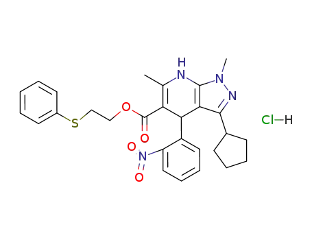 Molecular Structure of 100287-39-6 (3-Cyclopentyl-1,6-dimethyl-4-(2-nitro-phenyl)-4,7-dihydro-1H-pyrazolo[3,4-b]pyridine-5-carboxylic acid 2-phenylsulfanyl-ethyl ester; hydrochloride)