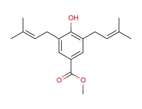 Molecular Structure of 98969-33-6 (methyl 4-hydroxy-3-(3'-methyl-2'-butenyl)-5-(3''-methyl-2''-butenyl)benzoate)
