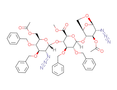 Molecular Structure of 99541-27-2 ((2S,3S,4S,5R,6R)-Methyl 6-((1R,2S,3R,4R,5R)-3-acetoxy-4-azido-6,8-dioxabicyclo[3,2,1]octan-2-yloxy)-3-((2R,3R,4R,5R,6R)-6-(acetoxyMethyl)-3-azido-4,5-bis(benzyloxy)tertrahydro-2H-pyran-2-yloxy)-4,5-bis(benzyloxy)tetrahydro-2H-pyran-2-carboxylate)