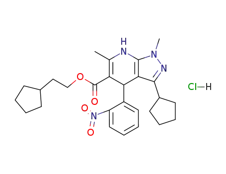 Molecular Structure of 100287-45-4 (3-Cyclopentyl-1,6-dimethyl-4-(2-nitro-phenyl)-4,7-dihydro-1H-pyrazolo[3,4-b]pyridine-5-carboxylic acid 2-cyclopentyl-ethyl ester; hydrochloride)
