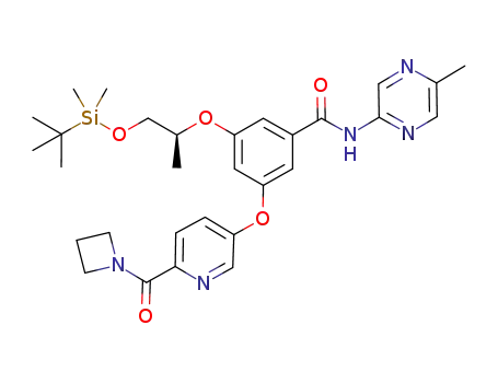 Molecular Structure of 919784-87-5 (Benzamide,
3-[[6-(1-azetidinylcarbonyl)-3-pyridinyl]oxy]-5-[(1S)-2-[[(1,1-dimethylethyl
)dimethylsilyl]oxy]-1-methylethoxy]-N-(5-methyl-2-pyrazinyl)-)