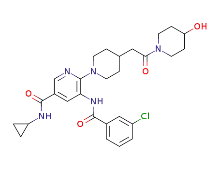 Molecular Structure of 1314528-85-2 (3'-(3-chloro-benzoylamino)-4-[2-(4-hydroxy-piperidin-1-yl)-2-oxo-ethyl]-3,4,5,6-tetrahydro-2H-[1,2']bipyridinyl-5'-carboxylic acid)