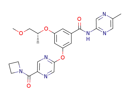 Molecular Structure of 919783-22-5 (Benzamide,
3-[[5-(1-azetidinylcarbonyl)-2-pyrazinyl]oxy]-5-[(1S)-2-methoxy-1-methyl
ethoxy]-N-(5-methyl-2-pyrazinyl)-)
