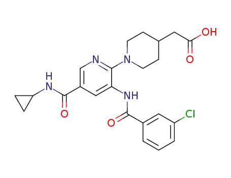 [3'-(3-chloro-benzoylamino)-5'-cyclopropylcarbamoyl-3,4,5,6-tetrahydro-2H-[1,2']bipyridinyl-4-yl]-acetic acid.