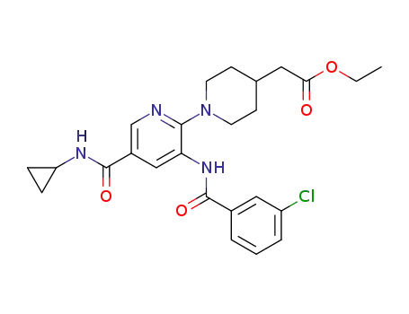 Molecular Structure of 1314530-93-2 ([3'-(3-chloro-benzoylamino)-5'-cyclopropylcarbamoyl-3,4,5,6-tetrahydro-2H-[1,2']bipyridinyl-4-yl]-acetic acid ethyl ester)