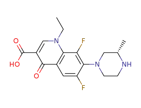 Molecular Structure of 98079-62-0 (3-Quinolinecarboxylic acid, 1-ethyl-6,8-difluoro-1,4-dihydro-7-(3-methyl-1-piperazinyl)-4-oxo-, (S)-)