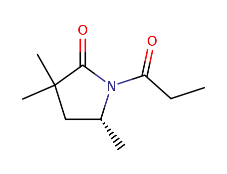 Molecular Structure of 155956-26-6 (2-Pyrrolidinone, 3,3,5-trimethyl-1-(1-oxopropyl)-, (5R)-)