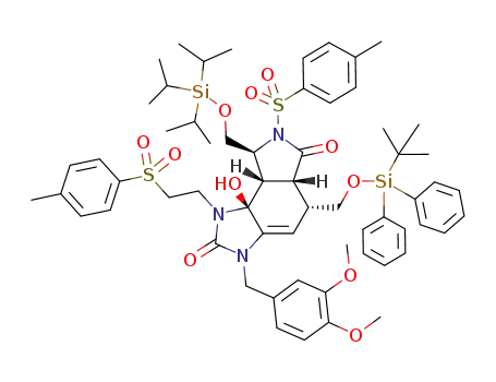 Molecular Structure of 852615-11-3 (5-(<i>tert</i>-butyl-diphenyl-silanyloxymethyl)-3-(3,4-dimethoxy-benzyl)-8b-hydroxy-7-(toluene-4-sulfonyl)-1-[2-(toluene-4-sulfonyl)-ethyl]-8-triisopropylsilanyloxymethyl-1,3,5,5a,7,8,8a,8b-octahydro-imidazo[4,5-<i>e</i>]isoindole-2,6-dione)
