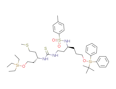 Molecular Structure of 173472-40-7 (N-[(S)-4-(tert-Butyl-diphenyl-silanyloxy)-1-(2-{3-[(R)-1-(2-methylsulfanyl-ethyl)-3-triethylsilanyloxy-propyl]-thioureido}-ethyl)-butyl]-4-methyl-benzenesulfonamide)