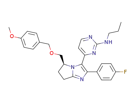 Molecular Structure of 869287-23-0 (2-Pyrimidinamine, 4-[(5S)-2-(4-fluorophenyl)-6,7-dihydro-5-[[(4-methoxyphenyl)methoxy]methyl]-5H-pyrrolo[1,2-a]imidazol-3-yl]-N-propyl-)