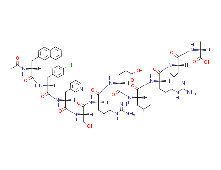 Molecular Structure of 103733-01-3 (D-Alaninamide,
N-acetyl-3-(2-naphthalenyl)-D-alanyl-4-chloro-D-phenylalanyl-3-(3-pyridin
yl)-D-alanyl-L-seryl-L-arginyl-D-a-glutamyl-L-leucyl-L-arginyl-L-prolyl-)